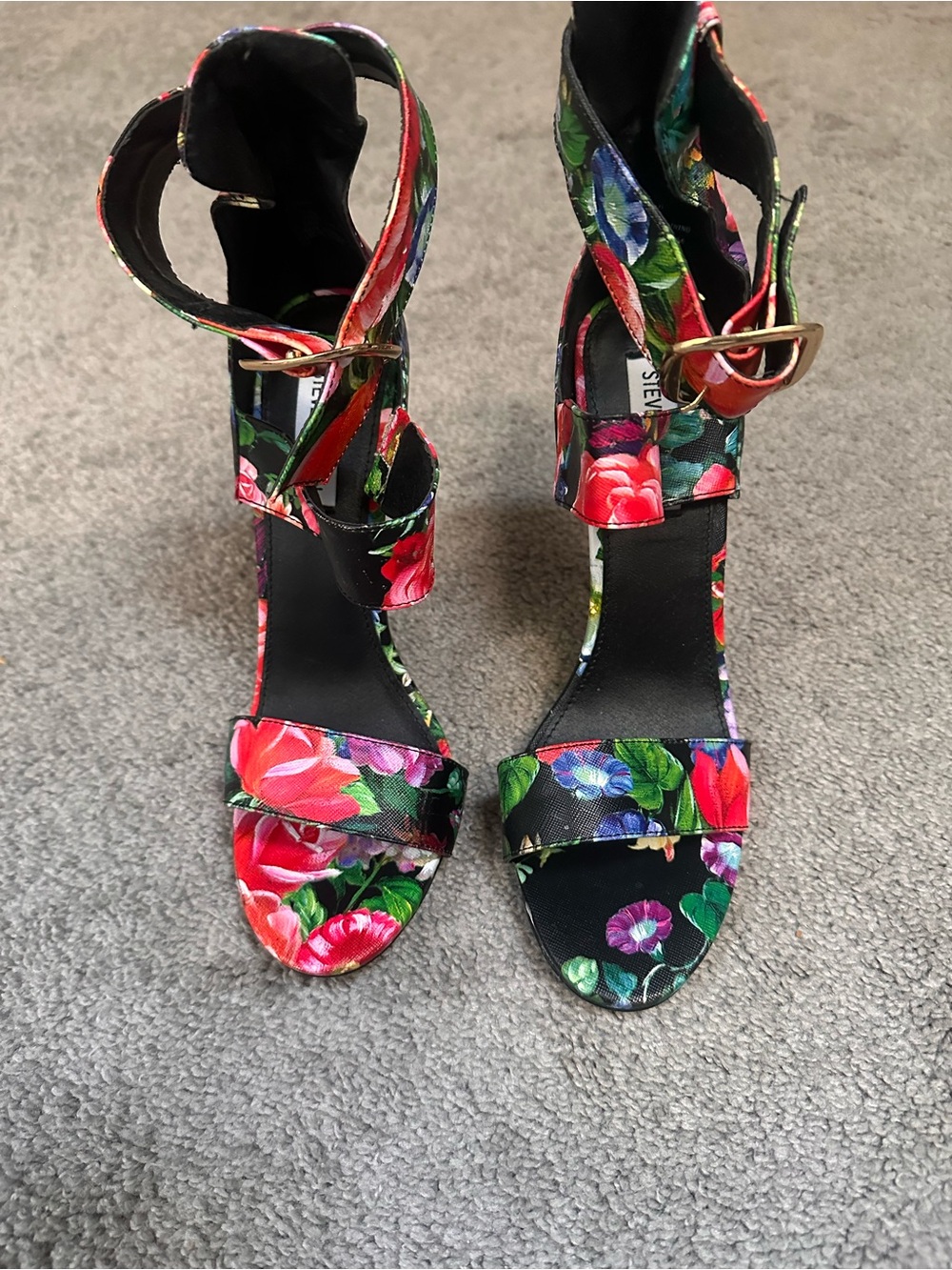 Steve Madden Floral Ankle-Strap Heels - Black with Red, Green, Blue Accents